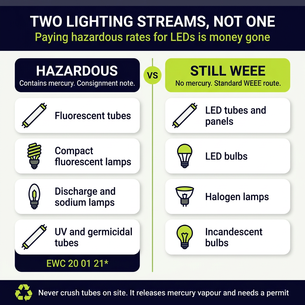Hazardous vs WEEE Lighting Streams: LED and Fluorescent Recycling Guide