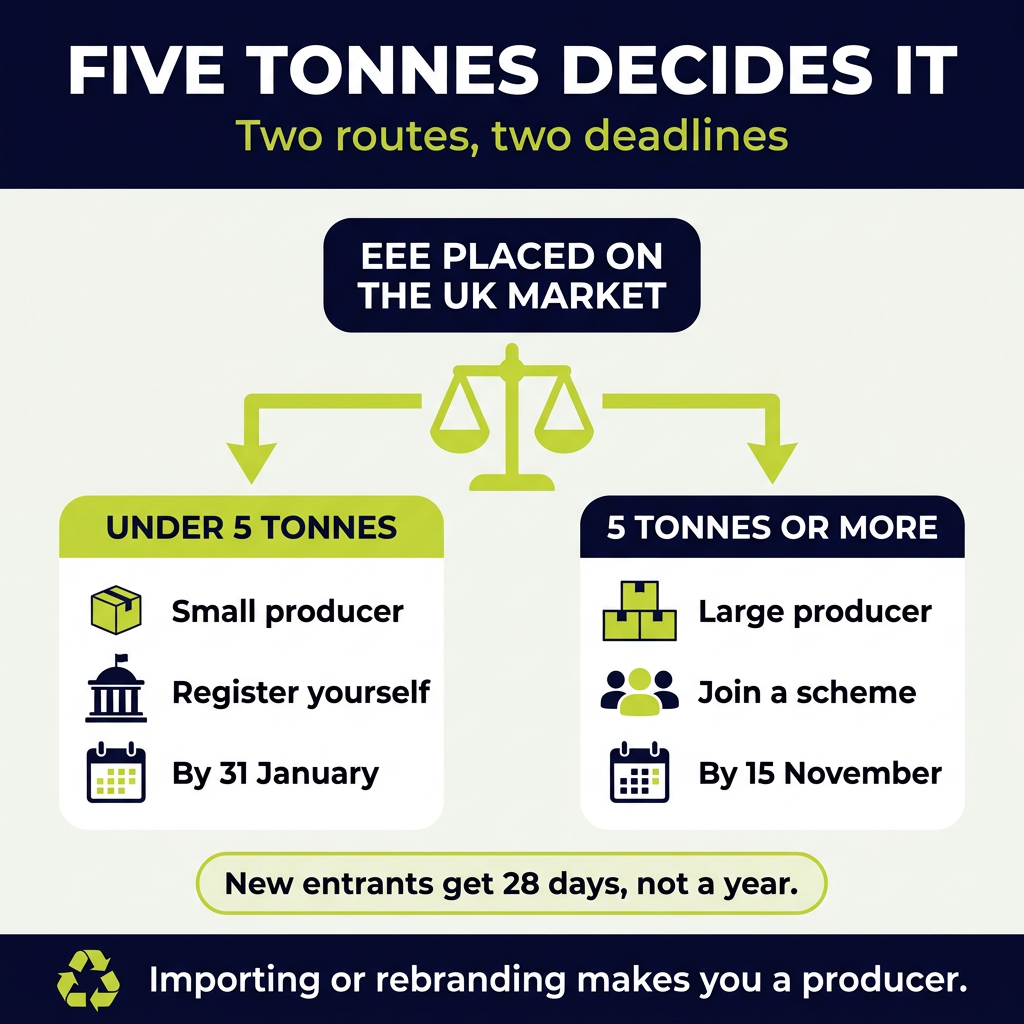 Five Tonnes Decides It: EEE Producer Compliance Routes and Deadlines in the UK